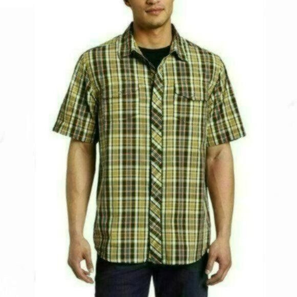 Prana Whiskey Men's Medium Green Black Plaid Cotton Short Sleeve Snap Up Shirt - Picture 1 of 10